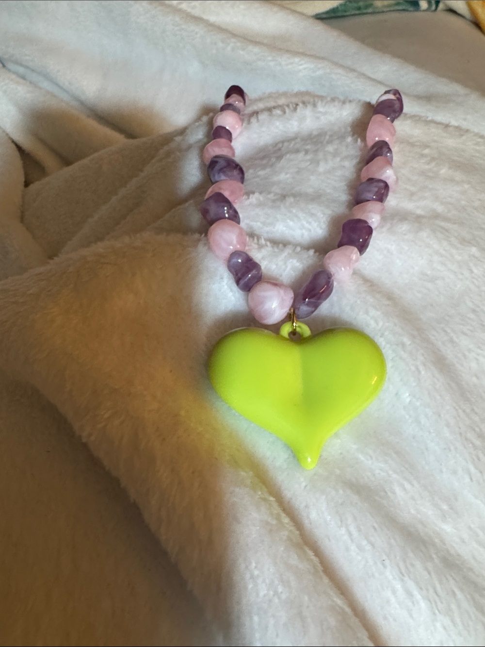 Neon Green Heart Pendant Necklace with Pink & Purple Beads